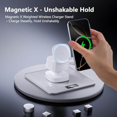 【2026 Upgraded】4 in 1 Wireless Charger, 3 in 1 Wireless Charging Station with Night Light for MagSafe Charger, 15W Magnetic Travel Stand for iPhone17/Air/Pro/Max/16/15/14/13/12, Apple iWatch, Airpods - color: white