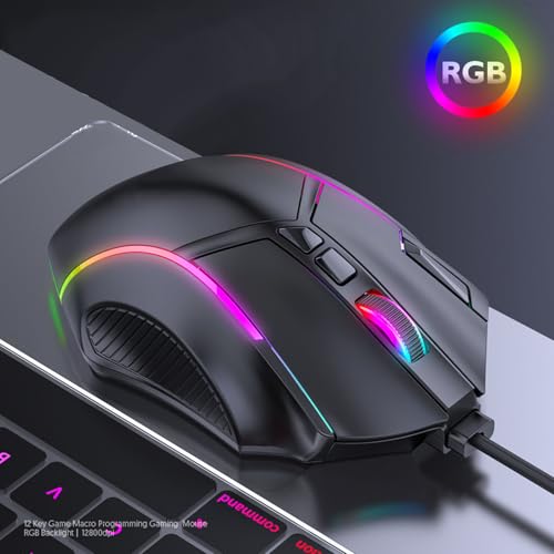 Wired Gaming Mouse, 12800DPI Ergonomic Mouse Programmable Computer mouse wired, 12 Keys Macro Definition Computer Gaming Mouse