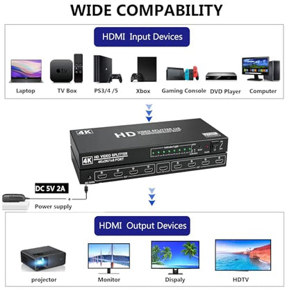 4K@60Hz 1x8 HDMI Splitter 1 in 8 Out,4:4:4,18 Gbps,8 Port Powered HDMI 2.0 Splitter Support Auto Down Scaler, 4K 1080P Sync, HDR10,3D, Only Duplication/Mirror Screens (Not Extend) for PS5/Xbox/HDTV - size: 1x8 splitter 4K@60Hz