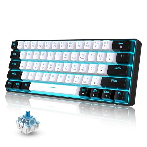Snpurdiri 60% Wired Mechanical Gaming Keyboard (Black-White, Blue Switches) | Ice Blue LED Backlit 61 Keys Mini Wired Office Keyboard for Windows Laptop PC Mac - color: Black White(Ice Blue Light)/Blue Switch