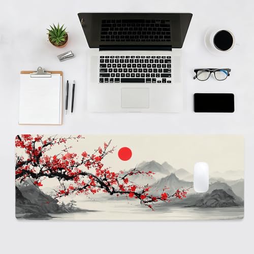 Japanese Large Gaming Mouse Pad, Desk Mat, XL Extended Mousepad with Non-Slip Rubber Base, Big Computer Keyboard Mat for Gamers, Office&Home, 31.5x11.8in, Plum Blossom - color: Plum Blossom