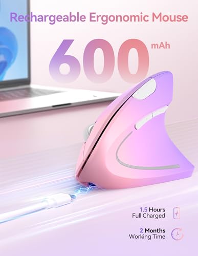 TECKNET Wireless Ergonomic Mouse, Rechargeable Wireless Vertical Mouse | Rechargeable, 2.4GHz USB Receiver, Silent Click, 6 Adjustable DPI up to 4800, 6 Buttons for Laptop, PC, Pink and Purple - color: Pink and Purple