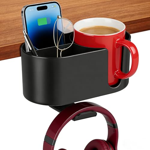 MYITYARD 4 in 1 Desk Cup Holder, Clamp On Drink Holder with Headphone Hanger, Anti-Spill Clip on Desk Organizer for Pen Phone Mug, Gaming Office Desk Accessories fits Most Desks - color: Black-2 with Headphone Hanger