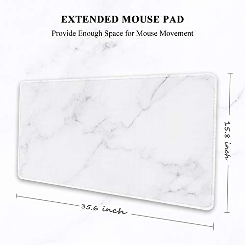 Auhoahsil Large Gaming Mouse Pad, Marble Theme XXL 35.4 x 15.7 in Desk Pad Stitched Non-Slip Rubber Long Computer Mousepad Thin Extended Full Size Desk Mat for Desktop, Laptop, Wireless Mice, White - color: 17 Modern Marble, size: 35.5L x 15.7W inches