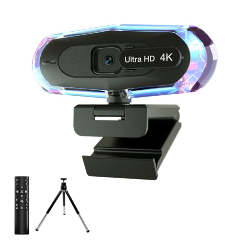 4K Webcam for PC, 4K Webcam with Remote Control and RGB Light, Autofocus Streaming Camera for PC/Mac, Plug and Play Computer Camera for Zoom/Skype/YouTube/Meeting - style: 4k+remote+tripod