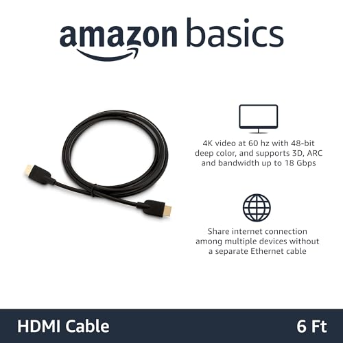 Amazon Basics HDMI Cable, 6ft, 4K@60Hz, High-Speed 4K HDMI 2.0 Cord with Ethernet, 18Gbps, 2160p, 48 bit, Compatible with TV/PS5/Xbox/Roku/Blu-ray, Black - size: 6 Feet