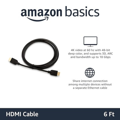 Amazon Basics HDMI Cable, 6ft, 4K@60Hz, High-Speed 4K HDMI 2.0 Cord with Ethernet, 18Gbps, 2160p, 48 bit, Compatible with TV/PS5/Xbox/Roku/Blu-ray, Black - size: 6 Feet