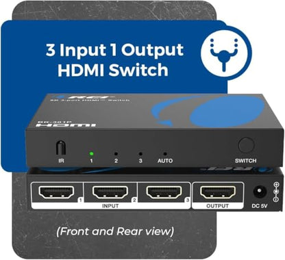 OREI 8K 3-Port HDMI 2.1 Switch, 3-in 1-Out, 8K@60Hz, Manual & Auto Switch | hdmi switch with remote, hdmi switch 4k 120hz, HDR10+, Dolby Vision, VRR, ALLM, CEC, PS5/Xbox compatible - size: 3x1 8K HDMI Switch