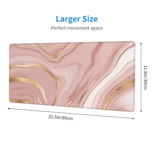 Large Mouse Pads for Desk, Extended Marble Gaming Mousepad for Women Office Gifts, Funny XL Big Stitched Waterproof Nonslip Computer Mats Deskmat for Keyboard, (Pink Gold Striped, 31.5 * 11.8 in) - color: Pink Gold Striped Marble