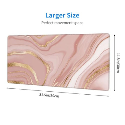 Large Mouse Pads for Desk, Extended Marble Gaming Mousepad for Women Office Gifts, Funny XL Big Stitched Waterproof Nonslip Computer Mats Deskmat for Keyboard, (Pink Gold Striped, 31.5 * 11.8 in) - color: Pink Gold Striped Marble
