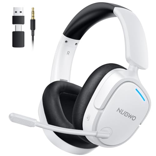 NUBWO 2.4GHz Wireless Gaming Headset for PS5, PS4, PC, Laptop, Mac, 7.1 Surround Sound, Noise Canceling Mic, 20ms Low-Latency, 80Hr Battery, Lightweight & Foldable Bluetooth Gaming Headphones-White