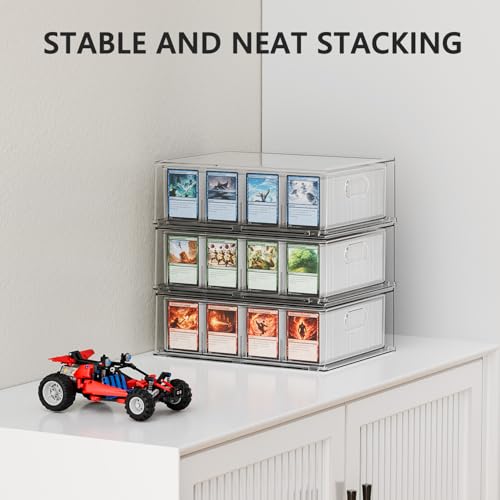 Trading Card Storage Box, Clear Large Storage Organizer Holds 3200 Cards | Pull-Out Drawer with Foam Inserts, 4-Row or 12-Grid Layout and Front Display Case for TCG, MTG and Sports Cards (1-Pack)