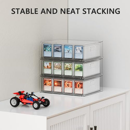 Trading Card Storage Box, Clear Large Storage Organizer Holds 3200 Cards | Pull-Out Drawer with Foam Inserts, 4-Row or 12-Grid Layout and Front Display Case for TCG, MTG and Sports Cards (1-Pack)