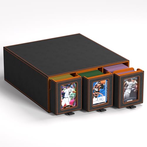 Trading Card Storage Box, 3-Row Slide-Pull Card Case with Stackable Design & 15 Dividers, Commander Display Card Organizer Holder for MTG, YuGiOh, TCG and Sports Cards, Holds 2500+ Cards (Orange) - color: Orange