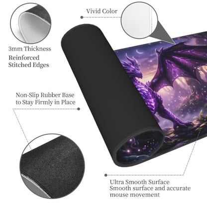Purple Dragon Gaming Mouse Pad, Large Extended Desk Mat (31.5x11.8 in), Non-Slip Rubber Base Stitched Edges Mousepad for Work Office Gaming - color: 12