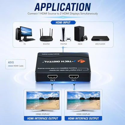 J-Tech Digital HDMI Splitter 1 in 2 Out 4K 60Hz Multi-Resolution Output (MRO) HDMI 2.0 Splitter Supports Downscale HDR HDR10 / Dolby Vision 4K@60Hz 4:4:4 HDCP2.3 2.2 (JTECH-4KSP2)