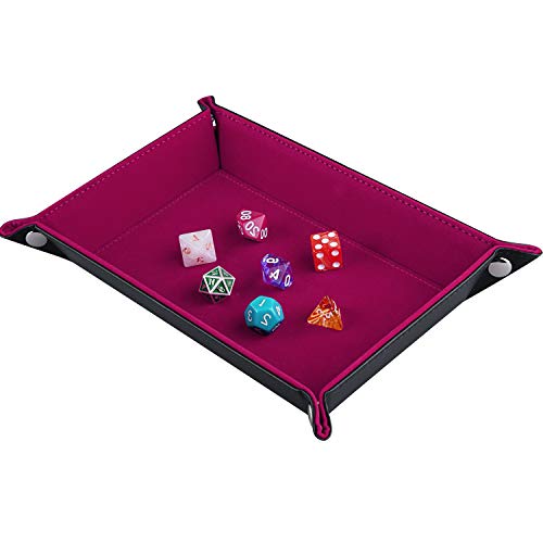 SIQUK Double Sided Dice Tray Folding Rectangle PU Leather and Dark Rose Red Velvet Dice Holder - color: Dark Rose Red