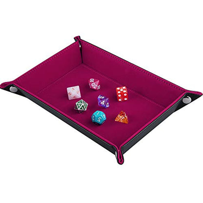 SIQUK Double Sided Dice Tray Folding Rectangle PU Leather and Dark Rose Red Velvet Dice Holder - color: Dark Rose Red