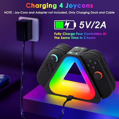 Switch 2 Controller Charging Dock RGB Light for 4 Joy-Cons | Ergonomic magnetic station offers fast USB-C charging with vivid RGB lighting effects