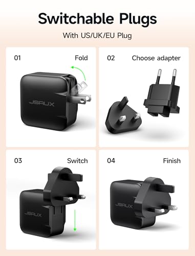 JSAUX 65W GaN USB C Charger for Nintendo Switch 2, Powers in TV Mode, with EU/UK Plug & 6.6FT Cable for ROG Xbox Ally, Steam Deck, ROG Ally, iPhone 17e/17, Galaxy S26, Tablet & Laptop – Black | Powers in TV Mode, GaN PD Fast Charge for ROG Xbox Ally, Stea