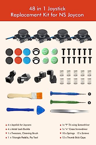 Joycon Joystick Replacement Kit( 48 in one), Switch Joystick Replacement for Switch/ Switch Lite/ Switch OLED, Include 4 Thumbsticks, 4 Metal Buckles, 2 Screwdrivers, Pry Tool, 12 Thumbstick Grips