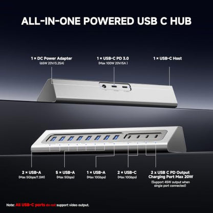 Gitfos Powered USB Hub, 15 in 1 USB 3.2 Hub, USB C Hub, 10Gbps, PD 100W | 2 USB C 45W Charge • 8 USB-A • 2 USB-C • 65W Adapter • 3.3FT Cable • Aluminum Desktop USB Hub for PC,Mac,Mac Mini,iMac,iPad - size: 15 IN 1
