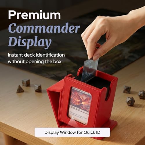 Commander Deck Box MTG 100 Card Holder with Display Window Red | PU leather, 4 N52 magnets, fits 100 double-sleeved cards, display window, durable, portable, secure closure - color: Red, size: 110+