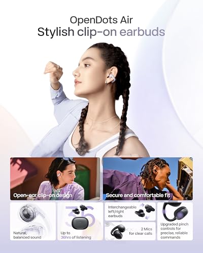 SHOKZ OpenDots Air Open-Ear Clip-On Bluetooth Earbuds, Black, Touch Control | Bluetooth 6.1, 36 hours. Battery, IP55, deep bass, clear calls, secure fit, work and sports - color: Black