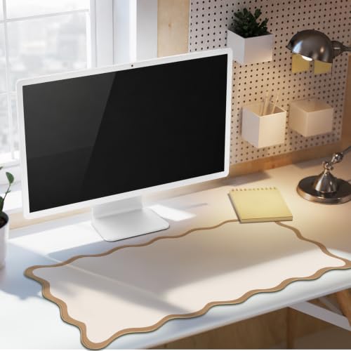 Hahafelt Scalloped Desk Mat Large Desk Pad Cute Coquette Table Mat Back to School Preppy Table Make up Pad Nonslip Graduation Gift with Stitching Waterproof Gaming(Beige,23.6 x 13.8 Inches) - color: Beige, size: 23.6L x 13.8W inches