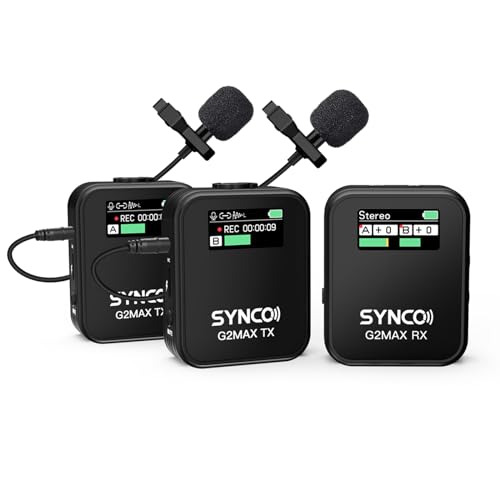 SYNCO Wireless Lavalier Microphone, G2(A2) MAX 2.4G Dual Transmitter 24 Hours Recording 656FT 8H for Online Class Vlog Stream YouTube for DSLR Phone Laptop, Professional-Lapel-Mics-for-Cameras - color: Black, size: Standard (With onboard recording)