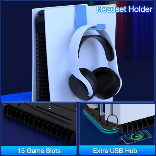 Kawaye PS5/Slim/Pro Stand and Cooling Station for PlayStation 5 Consoles, PS5/Pro/Slim Accessories with 3-Level Cooler Fan, PS5 Controller Charger, Cooling Satnd, Headset Holder, 15 Game Slots, Black