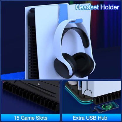 Kawaye PS5/Slim/Pro Stand and Cooling Station for PlayStation 5 Consoles, PS5/Pro/Slim Accessories with 3-Level Cooler Fan, PS5 Controller Charger, Cooling Satnd, Headset Holder, 15 Game Slots, Black