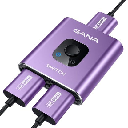 HDMI Switch 4k@60hz Splitter, GANA Aluminum Bidirectional HDMI Switcher 2 in 1 Out, Manual HDMI Hub Supports HD Compatible with Xbox PS5/4/3 Blu-Ray Player Fire Stick Roku - color: Purple (No Cable)