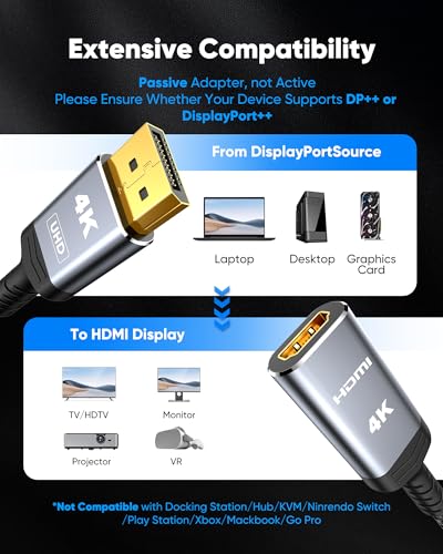 Highwings 4K DisplayPort to HDMI Adapter 5 Pack, Uni-Directional DP to HDMI | Uni-Directional DP 1.2 Computer to HDMI 2.0 Screen, Display Port to HDMI Adapter Male to Female for Dell HP AMD, Passive - color: Grey, style: 4K 30Hz-5 Pack