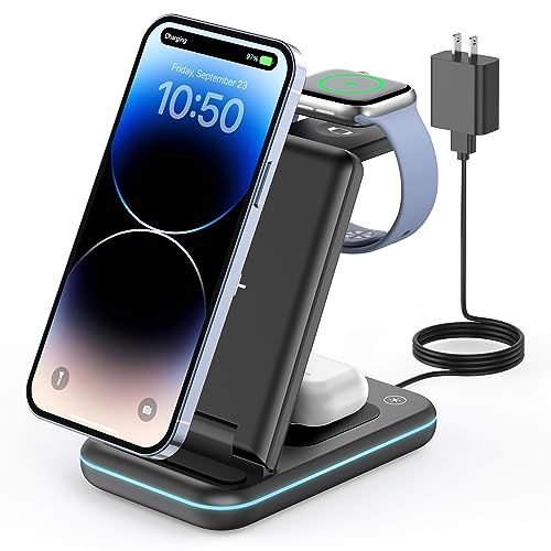 GEEKERA 3 in 1 Wireless Charging Station, Foldable Wireless Charger Stand for Multiple Apple Devices for iPhone 17 16-8, Apple Watch Ultra//11/10/9/SE/8/7/6/5, AirPods Pro/4/3/2 - color: Black