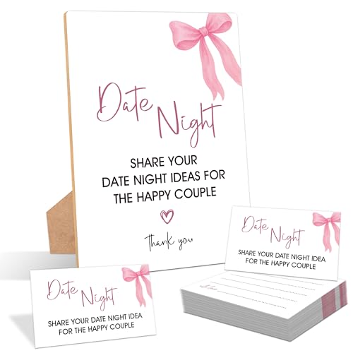 Pink Bow Date Night Bridal Shower Game, Pack of 1 Wooden Tabletop Sign with Stand and 50 Date Night Cards, Bridal Shower Decorations, Wedding Engagement Decor - YN01 - color: Pink Bow