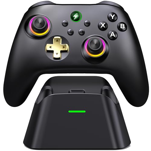 Wireless PC Controller with Charging Dock - Dual Hall Effect for Zero Drift, 1000Hz Low Latency, Ergonomic RGB Design for Windows PC/Steam/Switch/Android/iOS - color: Black and Yellow-with Charger