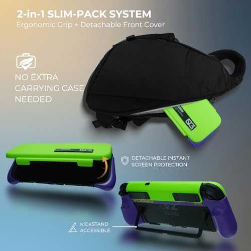 Plenbo FoldeX Switch 2 Grip Case with Detachable Flip Cover- Purple/Green | Dockable Ergonomic Handheld Protective Hard Shell for Nintendo Switch 2, 3-Mode Compatible Joy-Con 2 Controller Grip - color: Neon Purple & Green