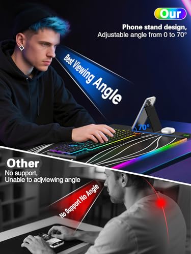 Mouse Pad with Foldable Phone Holder & Wireless Charger, XXL RGB Gaming Mousepad 31.5"x15.8" Large Desk Mat for Keyboard, Black Desk Pad with Dual Qi Charging Station | 11 Colors 5 Modes | Waterproof - color: 31.5x15.75"Phone Stand-Wave Upgraded