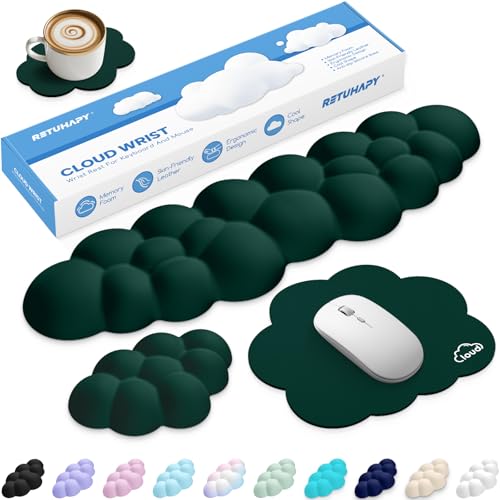 Cloud Wrist Rest Keyboard Cushion and Cloud Mouse Pad, Dark Green | 4-in-1 Ergonomic Cloud Keyboard Wrist Rest Set, Memory Foam, Arm Support for Palm, Cute Desk Accessory for PC Gaming Setup - color: 11 Dark Green, size: Full Size
