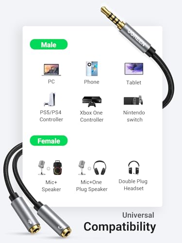 UGREEN Headphone Splitter 3.5mm 2 Female to 1 Male Mic and Audio Y Splitter | TRRS Headset Adapter, Separate Audio and Mic Jacks, Braided, Compatible with Switch 2/PS4/PS5 Steam Deck Xbox PC Laptop Phone