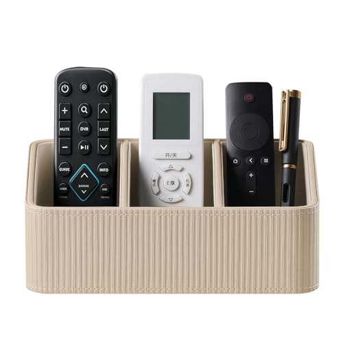 No Drill PU Leather Wall Remote Holder, 3 Compartments Storage Caddy for TV AC Remotes, Pens, Eyeglasses, Home Bedroom Bathroom Office (Stylish Beige Fine Ribbed) - color: Stylish Beige Fine Ribbed
