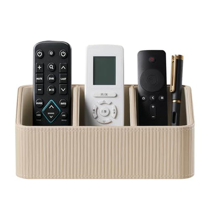 No Drill PU Leather Wall Remote Holder, 3 Compartments Storage Caddy for TV AC Remotes, Pens, Eyeglasses, Home Bedroom Bathroom Office (Stylish Beige Fine Ribbed) - color: Stylish Beige Fine Ribbed