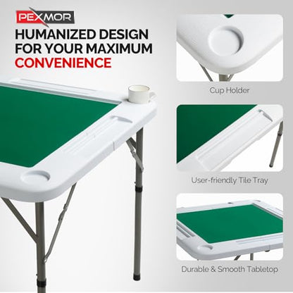 PEXMOR 34" Foldable Mahjong Table Portable, 4 Player Card Game Table w/Cup Holders & Chip Grooves, Tabletop Foldable, Poker Board Game Domino Table for Blackjack, Texas Hold'em (White) - color: White
