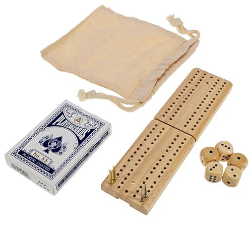 WE Games Travel Cribbage Board Game Set – Foldable 2-Track Mini Wooden Cribbage Board with Cards, Dice, Metal Pegs & Storage Bag – Portable Game - size: 7.5 x 2 x 0.5 inches