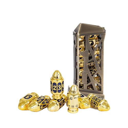 UDIXI Metal DND Bullet Dice Set, D&D Bullet Polyhedral Dice Set Golden Blue | Cool Design, Magazines Container and PU Leather Bag, for Dungeons and Dragons Role Playing Games and Tabletop Games RPG - color: Golden Blue