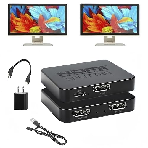 HDMI Splitter 1 in 2 Out【with 1HDMI Cable + 1USB Cable+1Power Adapter 】 1×2 Power HDMI Splitter/Distributor 2 Ports for Dual Monitors Copy/Mirror Support 4K@30Hz 1080P Full HD 3D LED HD TV PS3/4 etc - size: HDMI Splitter 1×2 4K@30HZ