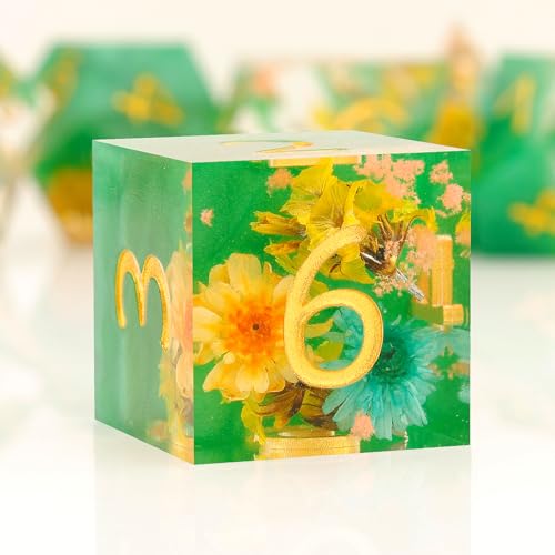 Haxtec Flower DND Dice Set Sharp Edge Resin Polyhedral Dice, Floral D&D Dice with Metal Case, Handmade Flower Inside Dice Set for Dungeons and Dragons TTRPG, Spring Pearl Green DND Gift - color: Green
