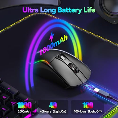 TECKNET Wireless Gaming Mouse,Tri-Mode 24000 DPI Ergonomic Gaming Mouse | 1000Hz Polling Rate,RGB Backlit,6 Programmable Buttons,ergonomic plastic body,fits PC/Laptop/Mac,for gaming and office - color: Black