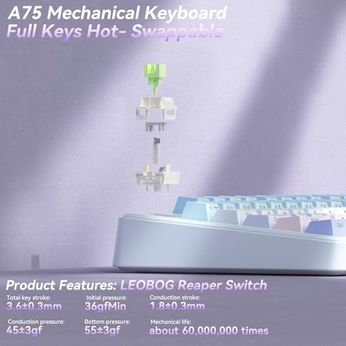 SOLAKAKA A75 Wireless Mechanical Keyboard, Hot Swappable Gaming Keyboard with RGB Backlit, Multifunction Knob, Gasket Mounted Creamy Keyboard, BT5.0/2.4GHz/USB-C, 75% Compact Layout for Win/Mac/PC - color: Gradient-BluePurple
